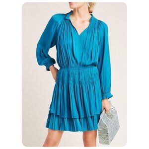 Anthropologie Current Air Teal Satin Samantha Smocked Long Sleeve Mini Dress